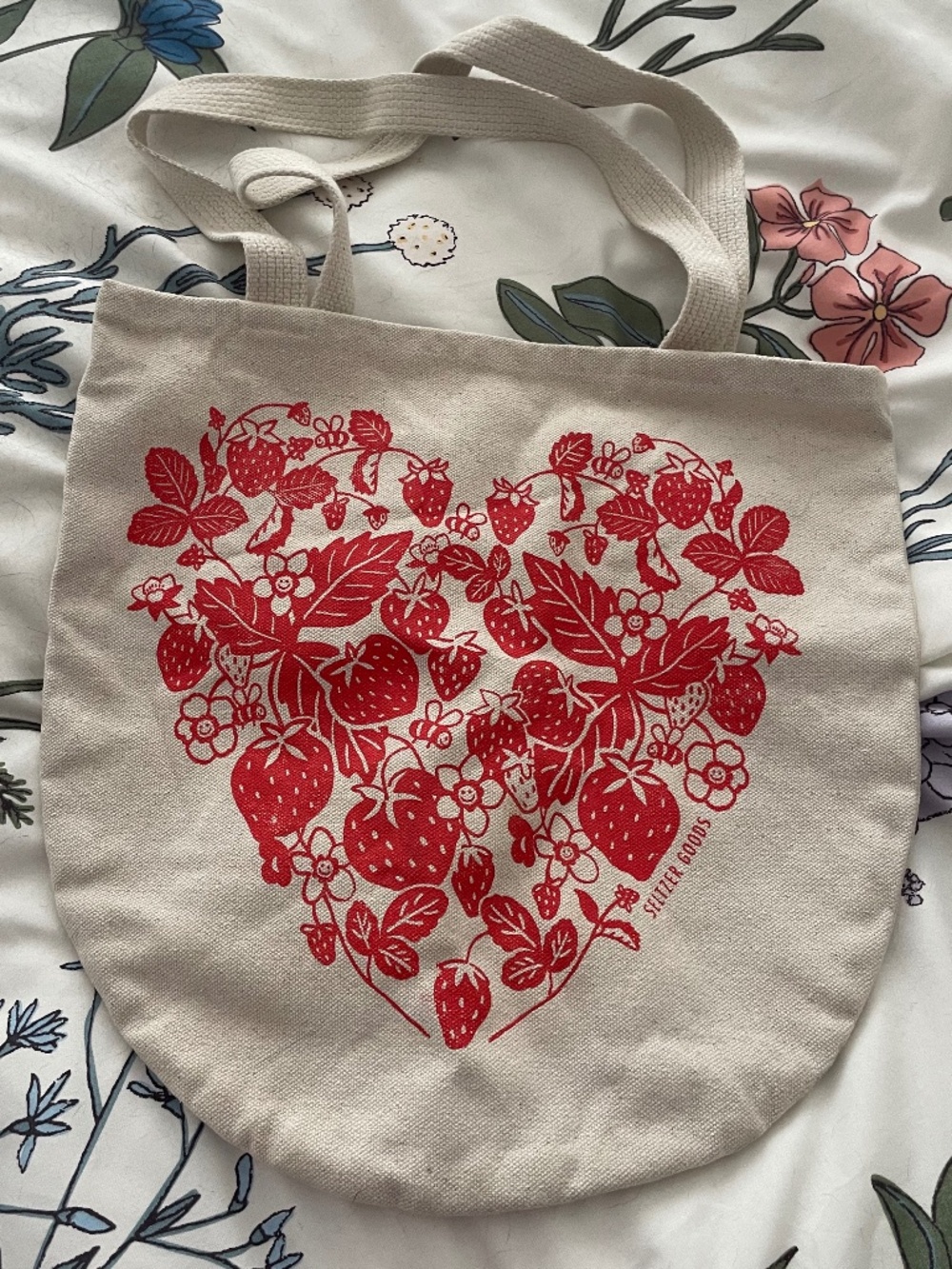 Smiling flower strawberry print canvas tote